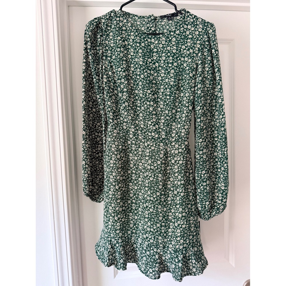 NWOT Lulus Green Floral Long Sleeve Mini Dress Back Cutout Ruffle Hem